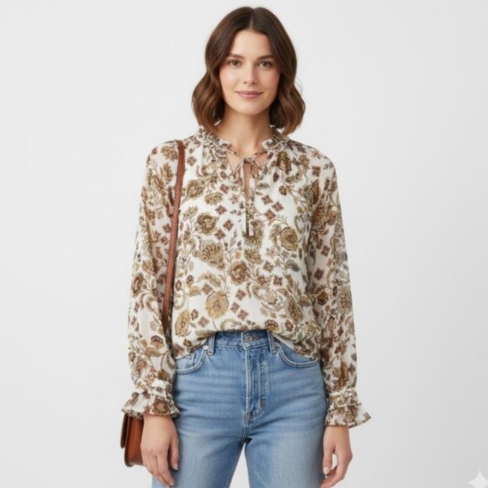 {LOFT} Women's Blouse with Floral Pattern Cream and Brown